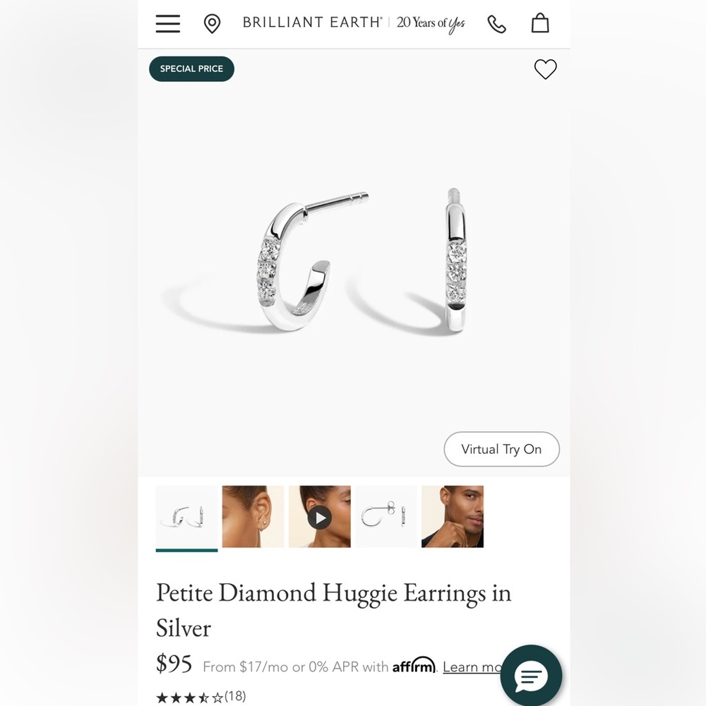 Brilliant Earth Silver Diamond Huggie Earrings- will ship today!
